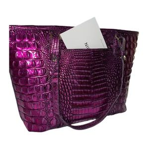 Brahmin Tote Purple Potion Handbag Croc Embossed Leather Metallic